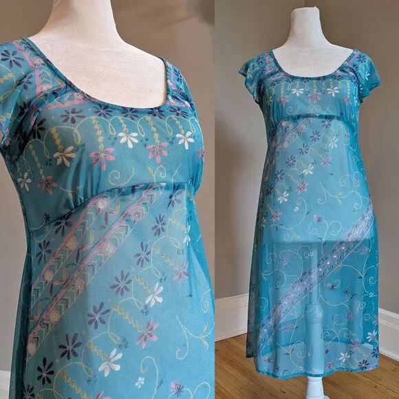 Vintage Y2K Floral Mesh Overlay Mini Dress, Empire Waist, Fairycore, Size 4P - Picture 2 of 8